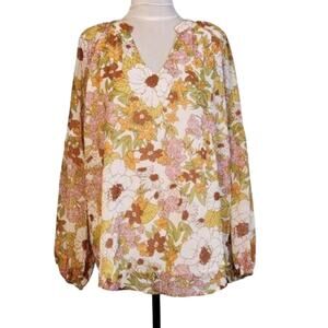 BTFBM Size Large Blouse Floral Tan Pink V Neck Long Sleeve Boho NWT